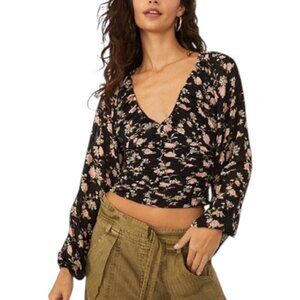 Free People Final Rose Blouse Black Combo Floral Sz Large Ruched